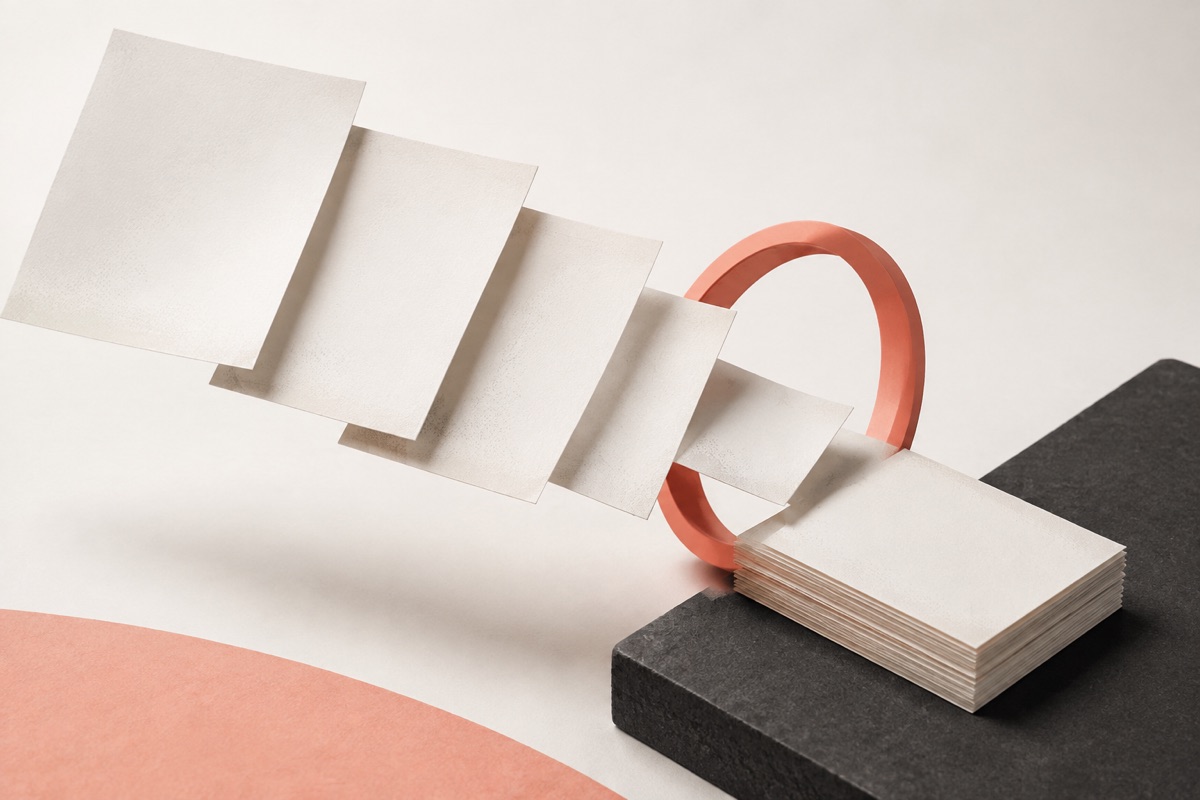Blank paper pages passing through a coral ring into an ordered archive