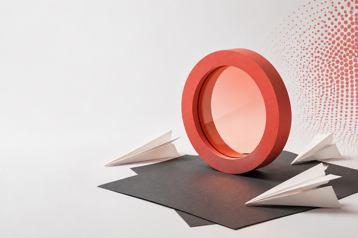 A coral portal surrounded by folded paper on an editorial studio set